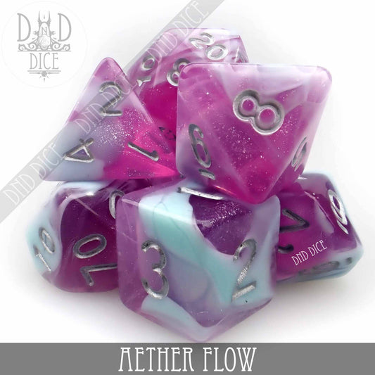 Aether Flow 7-piece acrylic dice set for tabletop gaming in purple, white, and teal with silver numbers.