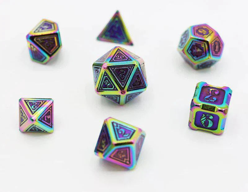 Seven Alchemist Metals RPG Dice in Burnt Opal with intricate designs on a white surface.
