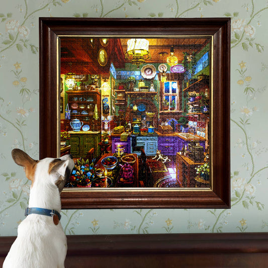 Midnight Kitchen 1000 Piece Puzzle by Alfred Fernandes with a small dog in front and floral wallpaper in background.