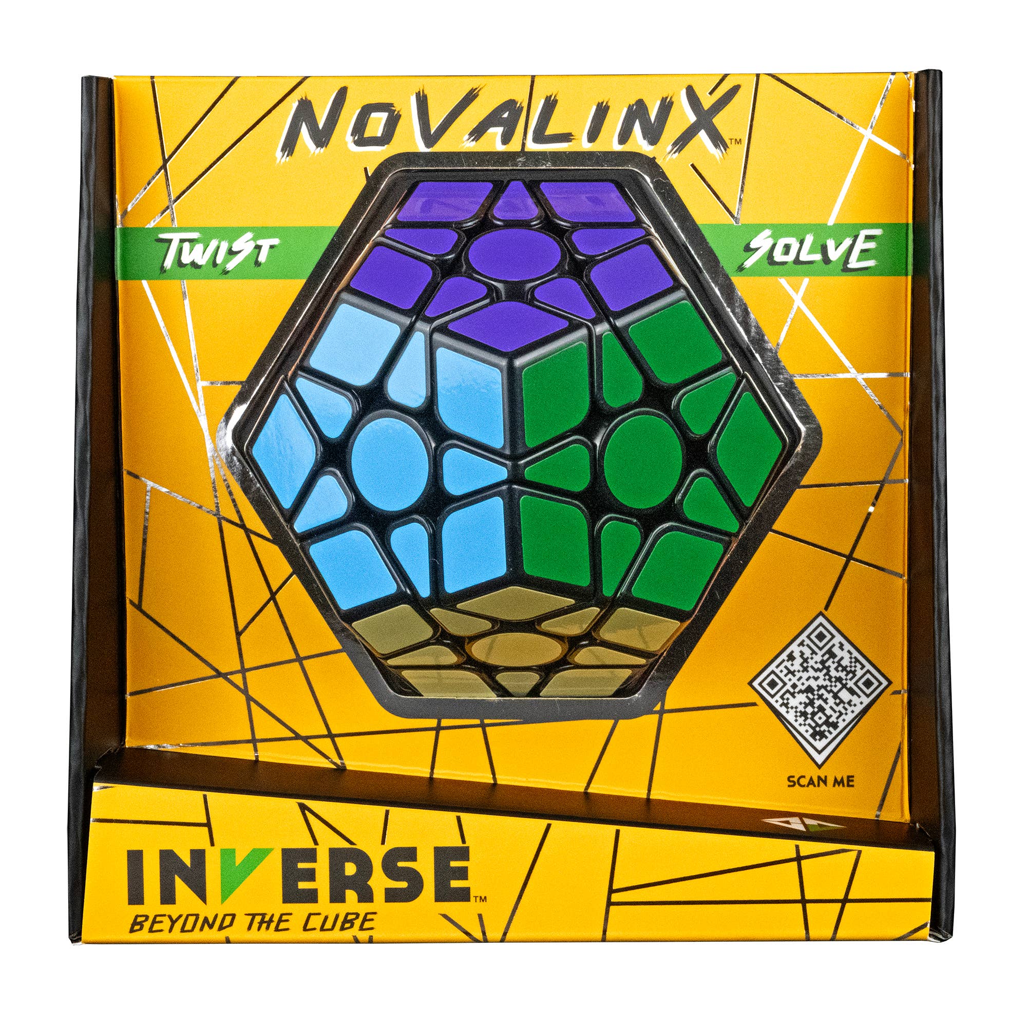 The INVERSE Novalinx Puzzle, a colorful dodecahedron variant, in packaging with a yellow box.