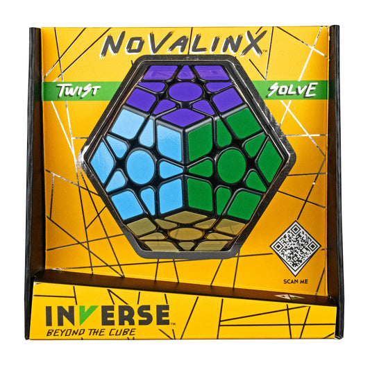 The INVERSE Novalinx Puzzle, a colorful dodecahedron variant, in packaging with a yellow box.
