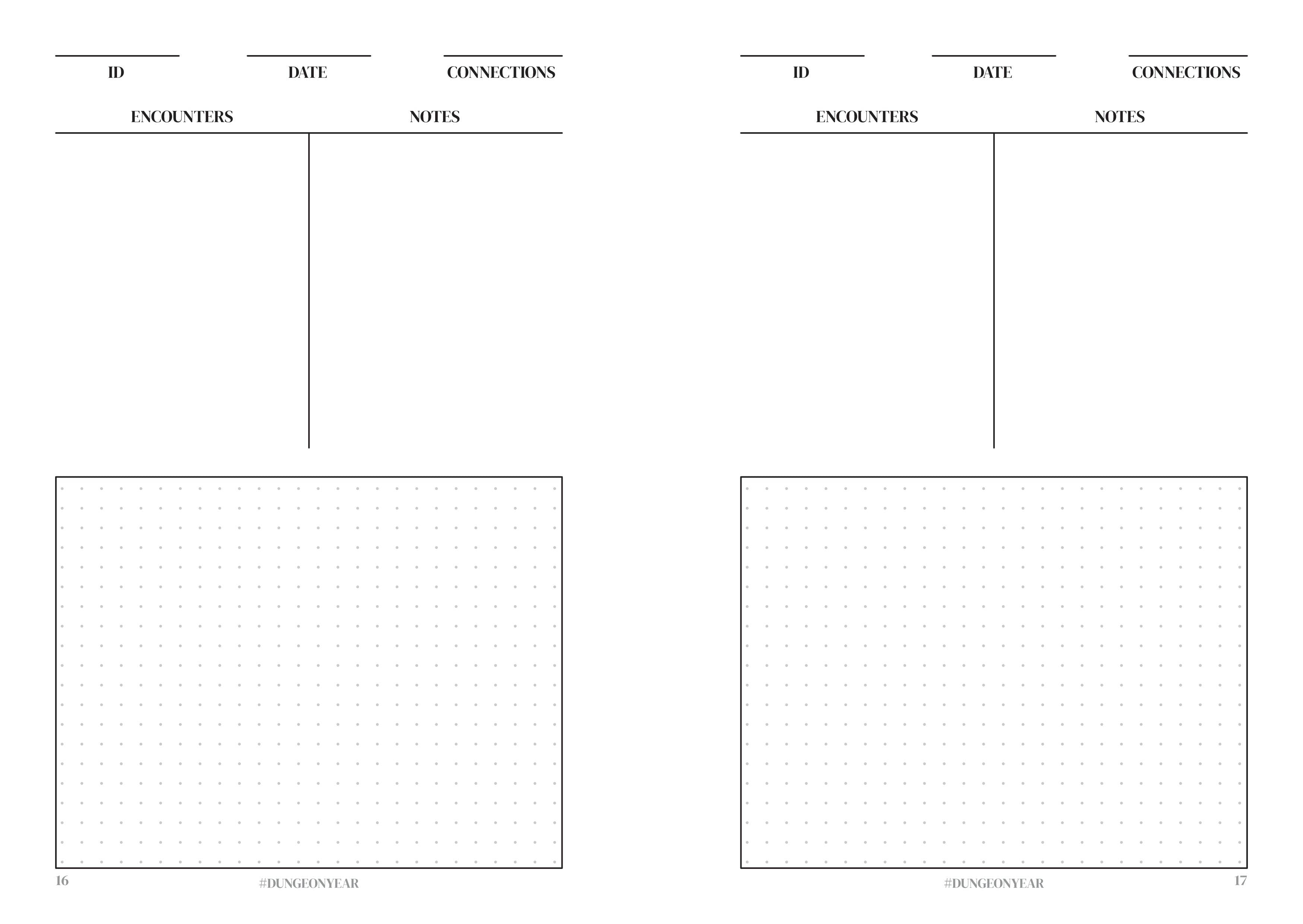 Two Dungeon Year Design Journals featuring ID, date, encounters, notes sections, and large dotted grids.