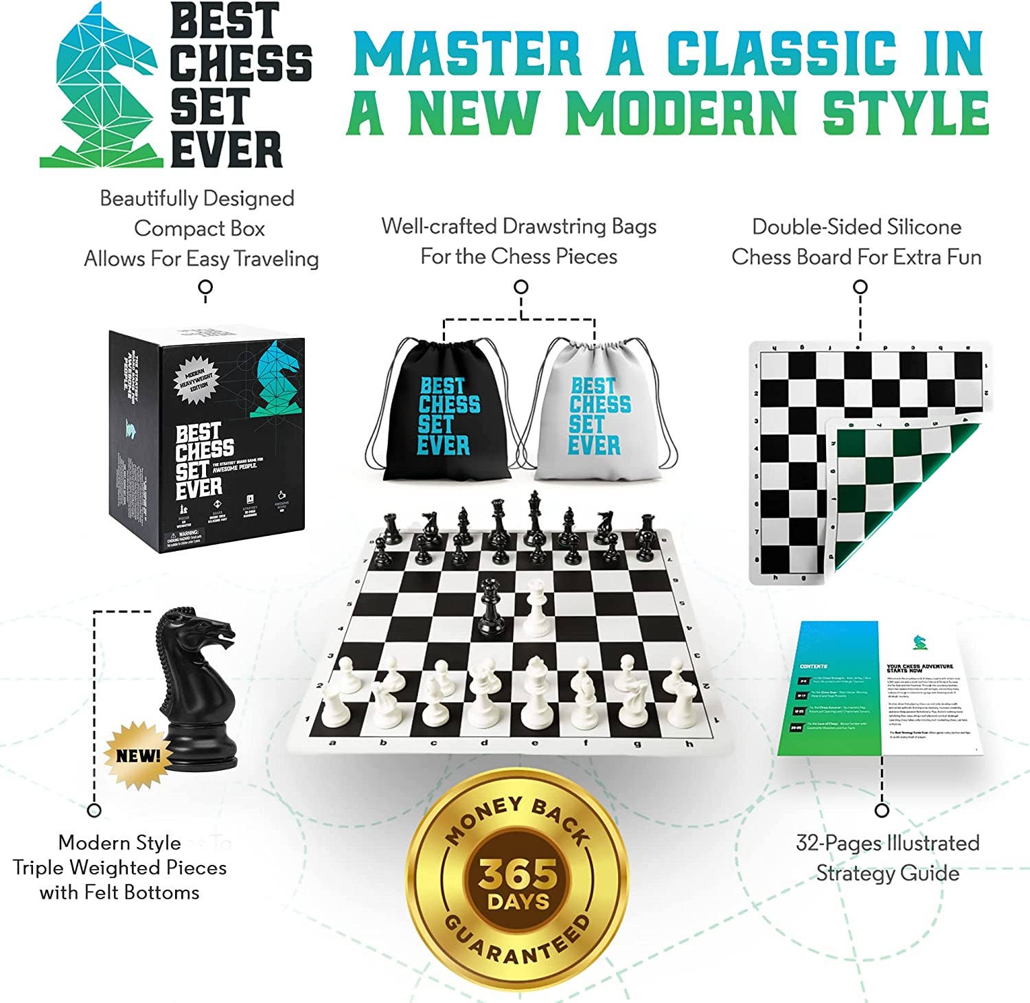 Best Chess Set Ever 3x Tournament Set with double-sided board, weighted pieces, storage bags, and strategy guide.