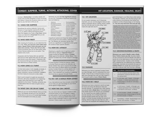 MOTHERSHIP Players Survival Guide open to pages with charts and a humanoid robot diagram.