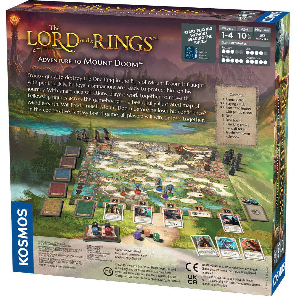 Back of Lord of the Rings Adventure to Mount Doom box displaying game setup, components, and rules summary.