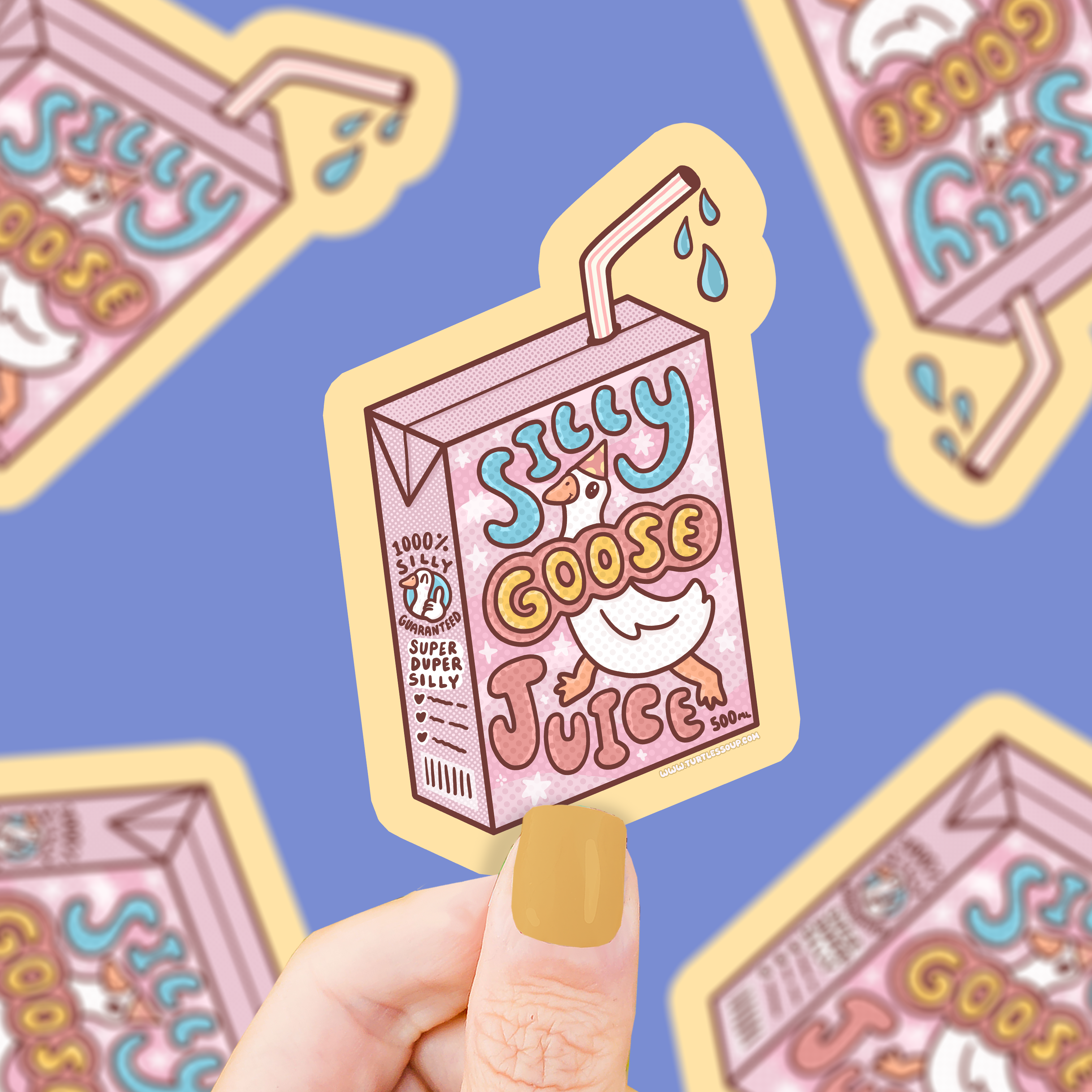 Silly Goose Juice Goofy Geese vinyl sticker featuring a pink juice box with a cartoon goose, held in a hand.