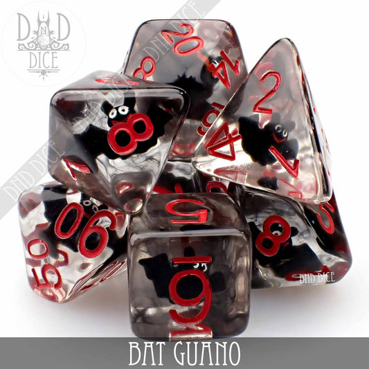Bat Guano 7-piece resin DND dice set with black bats, red numbers, and translucent white background.