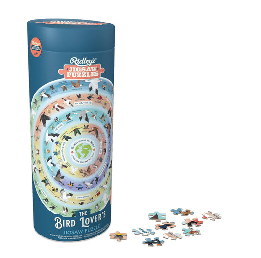 Cylindrical box labeled Bird Lover’s 1000-Piece Jigsaw Puzzle for adults.