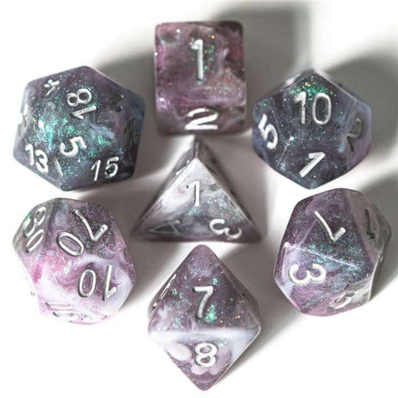 Aurora Borealis RPG Dice Set with seven glittery purple and blue dice featuring white numbers.