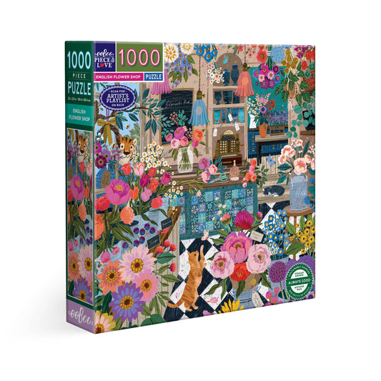 English Flower Shop 1000 Piece Puzzle with illustration of a village flower shop by Victoria Ball.