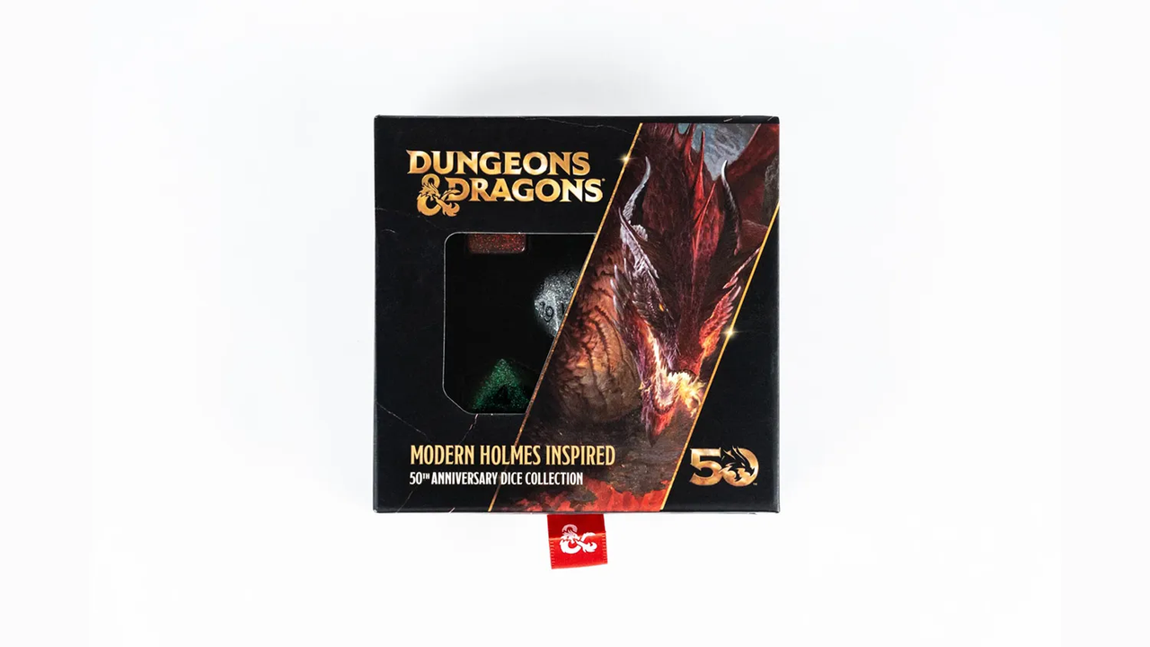 D&D 50th Anniversary Modern Holmes Inspired dice set in case with red dragon and gold lettering.