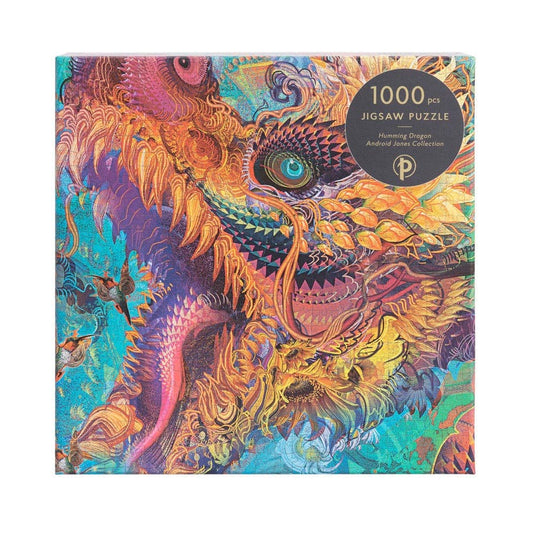 Paperblanks Humming Dragon Puzzle 1000 pieces with psychedelic dragon and birds in vibrant colors.
