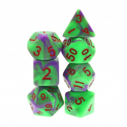 Goblin Goo RPG Dice Set with green, purple, and white resin polyhedral dice and red numbers.