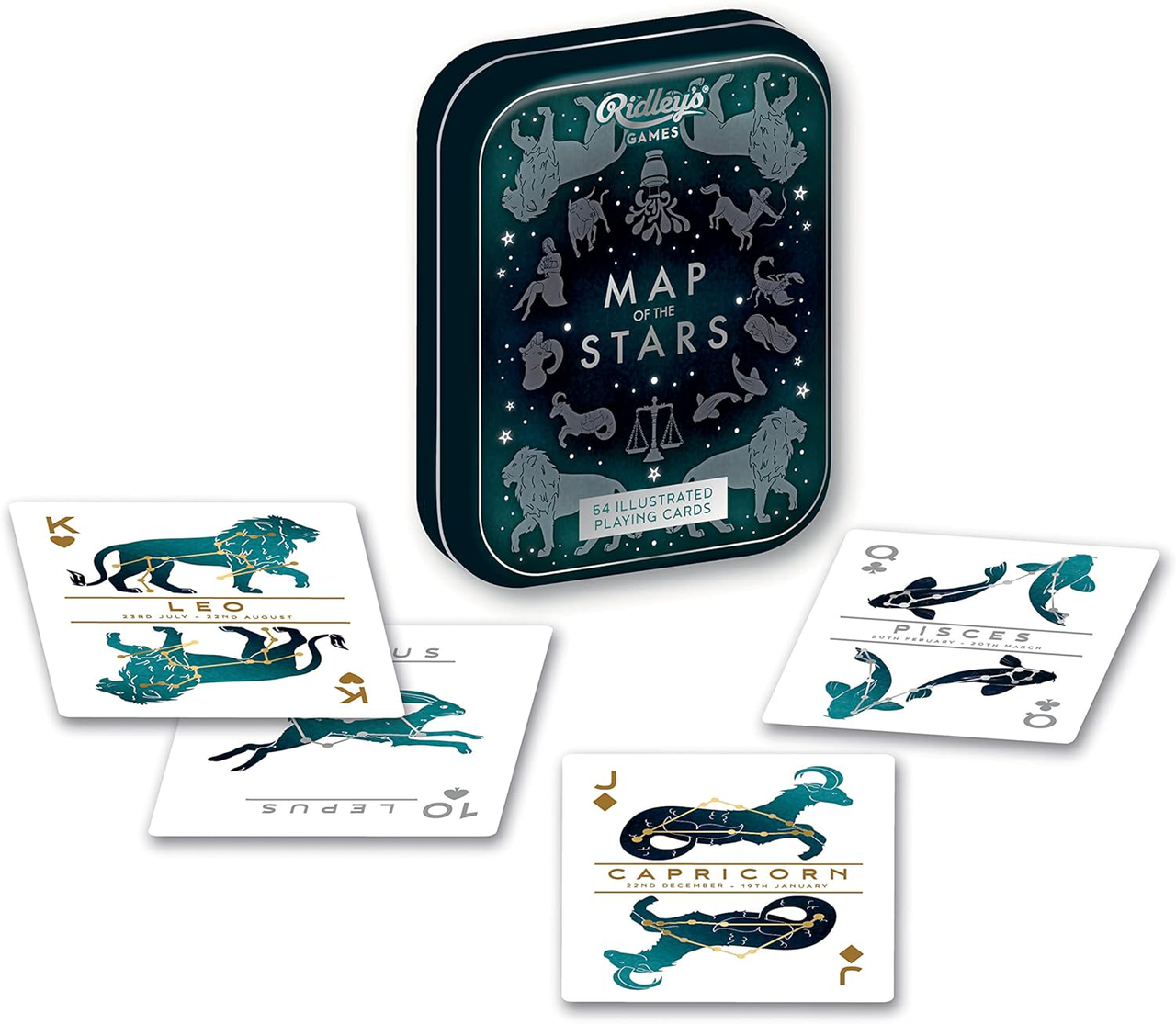 Map of the Stars Playing Cards set in a tin box with four constellation cards displayed nearby.