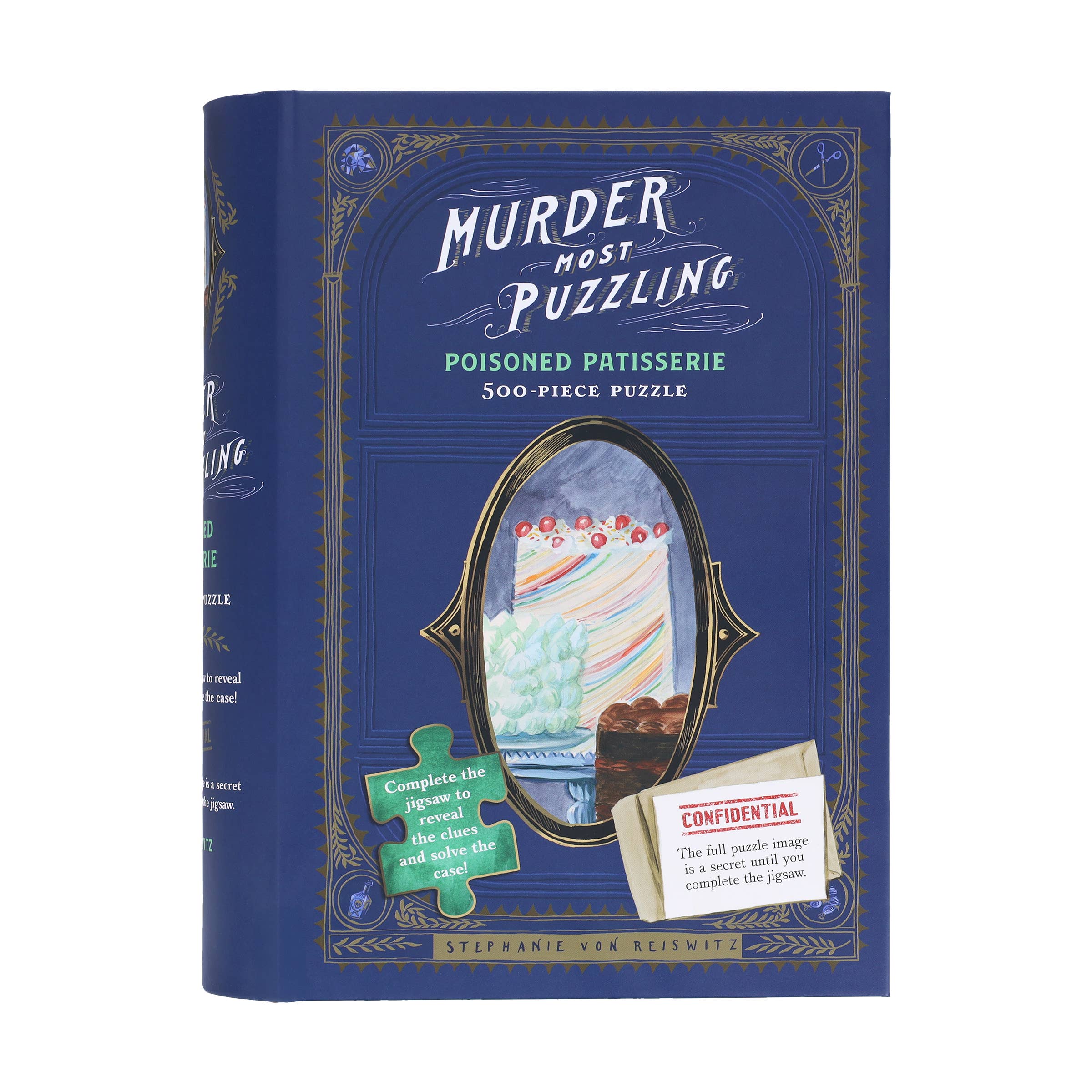 Murder Most Puzzling: Poisoned Patisserie 500-piece puzzle with cake art, pieces, and a Confidential note on box.