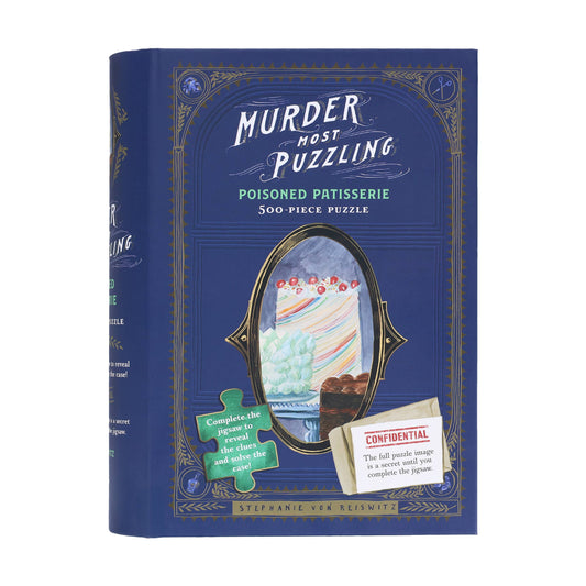 Murder Most Puzzling: Poisoned Patisserie 500-piece puzzle with cake art, pieces, and a Confidential note on box.