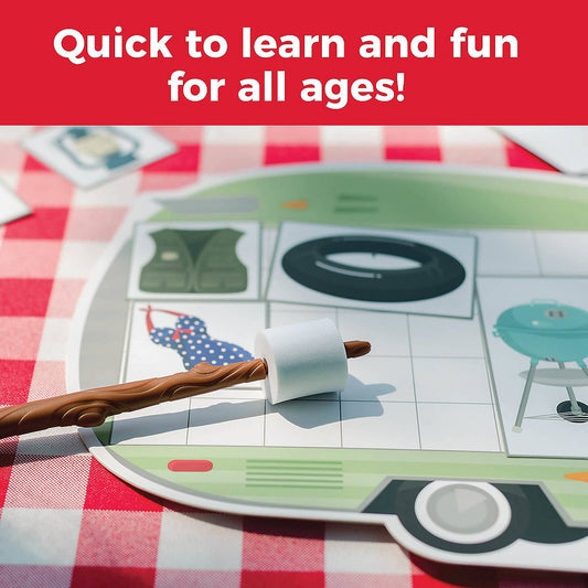 Slappy Camper board game featuring camping scenes and a marshmallow on a stick.