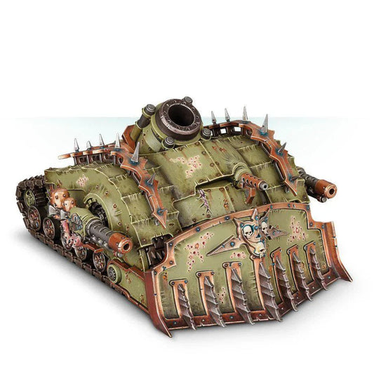 Death Guard Plagueburst Crawler model: green, spiked, armored Nurgle siege tank with rust and grotesque details.