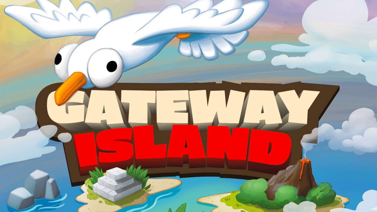Party games featuring a cartoon seagull and Gateway Island with islands and a volcano in the background.