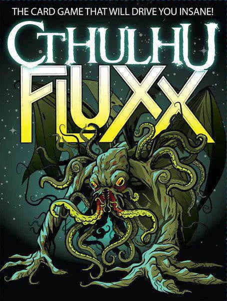 Cthulhu Fluxx card game box featuring green tentacled creature and glowing text.