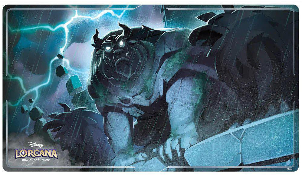 Disney Lorcana: Rise of the Floodborn playmat featuring a stone-like beast and logo in the corner.
