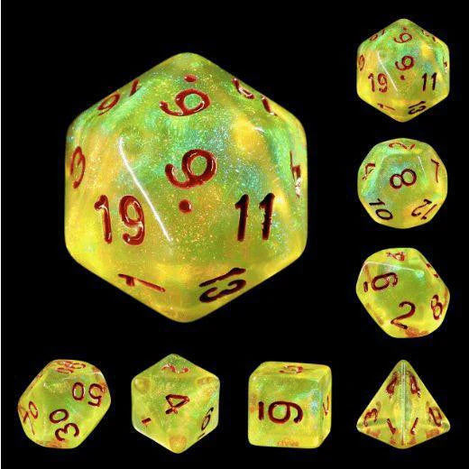 LimeLight RPG Dice Set with yellow-green polyhedral dice and red numbers for Dungeons and Dragons.