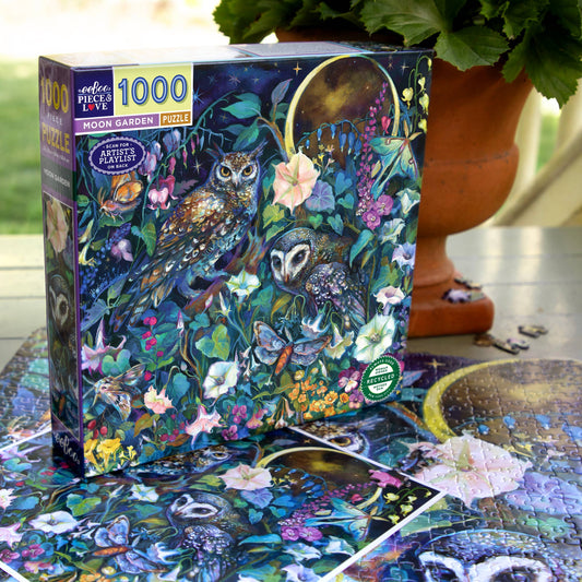 The Moon Garden 1000 Piece Puzzle with two owls and flowers, made from sustainably sourced materials.
