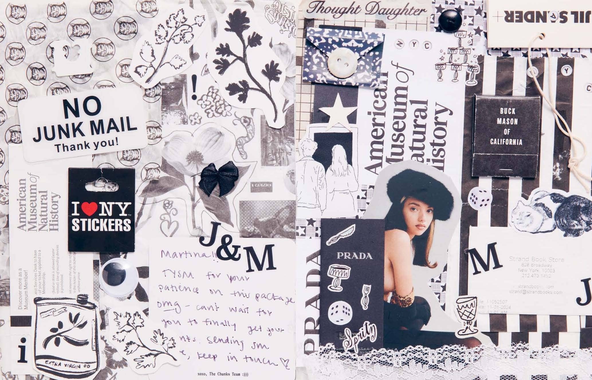 A Year of Junk Journaling set with black-and-white notes, stickers, and photos.