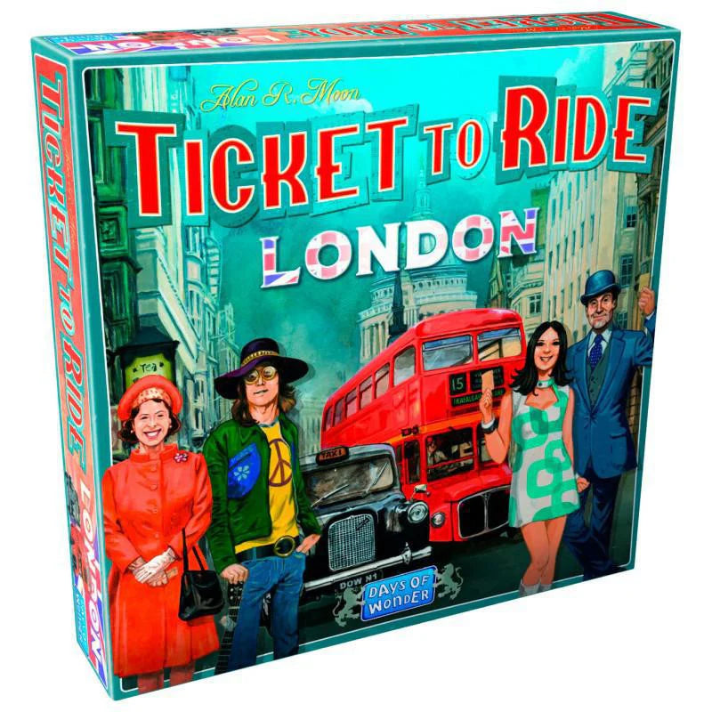 Ticket to Ride: London game box featuring people and a red double-decker bus in 1970s London.
