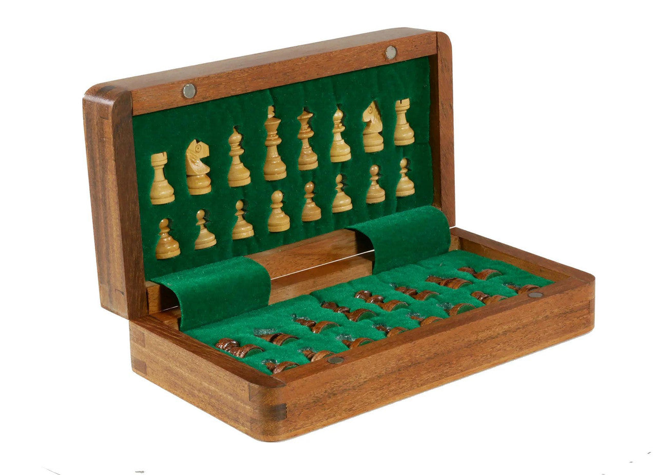 7 Travel Chess Set with green velvet lining and organized white and brown chess pieces inside the box.