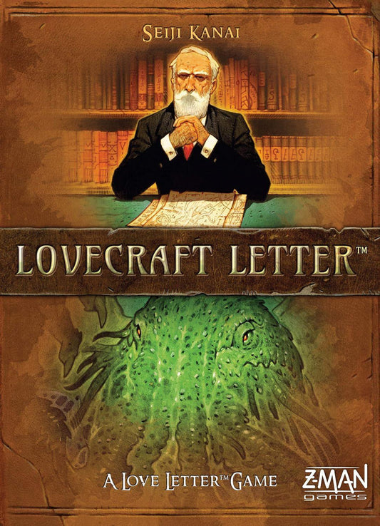 Lovecraft Letter game cover featuring an older man at a desk and a green tentacled Cthulhu below.