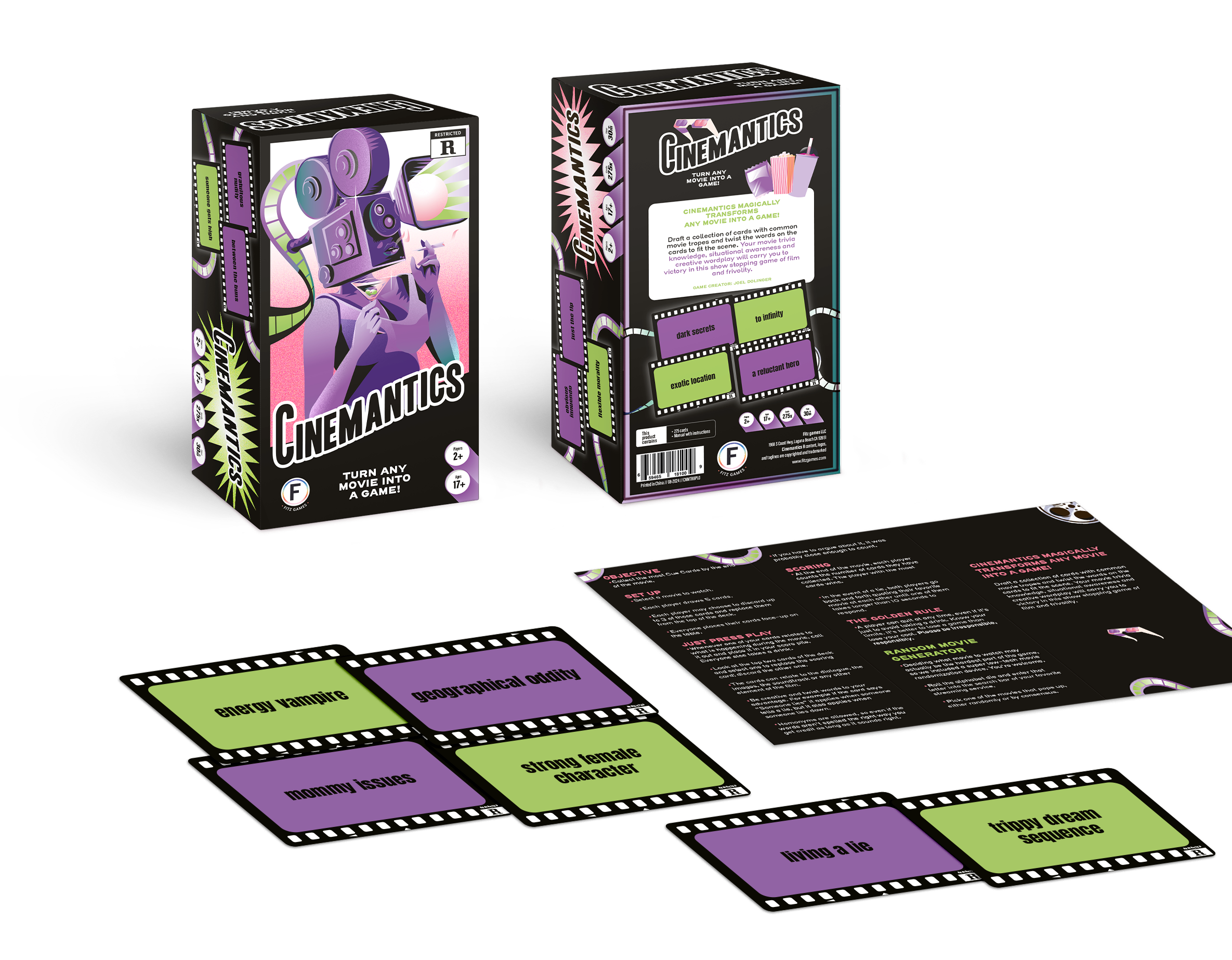 Cinemantics® game box with cards and instructions displayed.