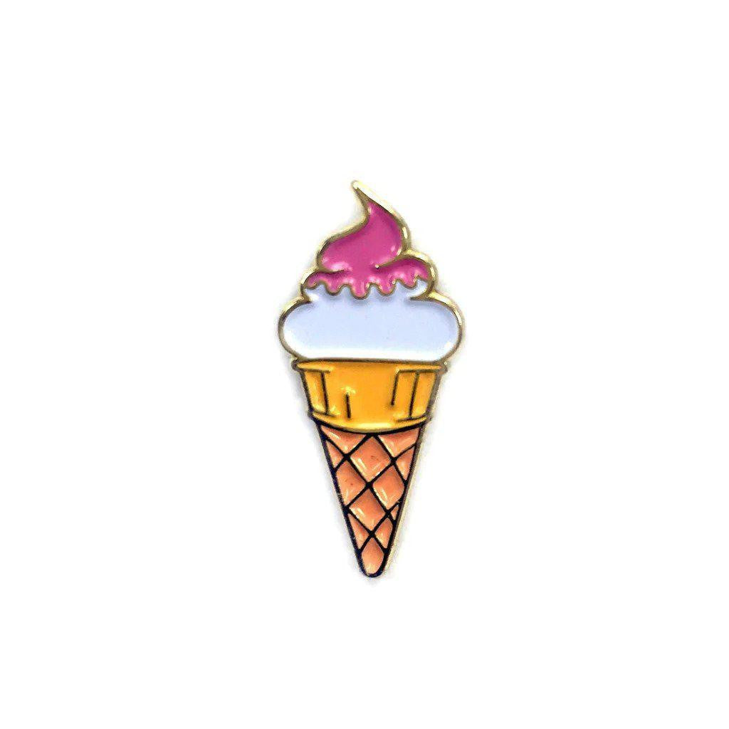 Kolorspun Ice Cream Cone Enamel Pin with pink and white swirl design and matte gold finish.