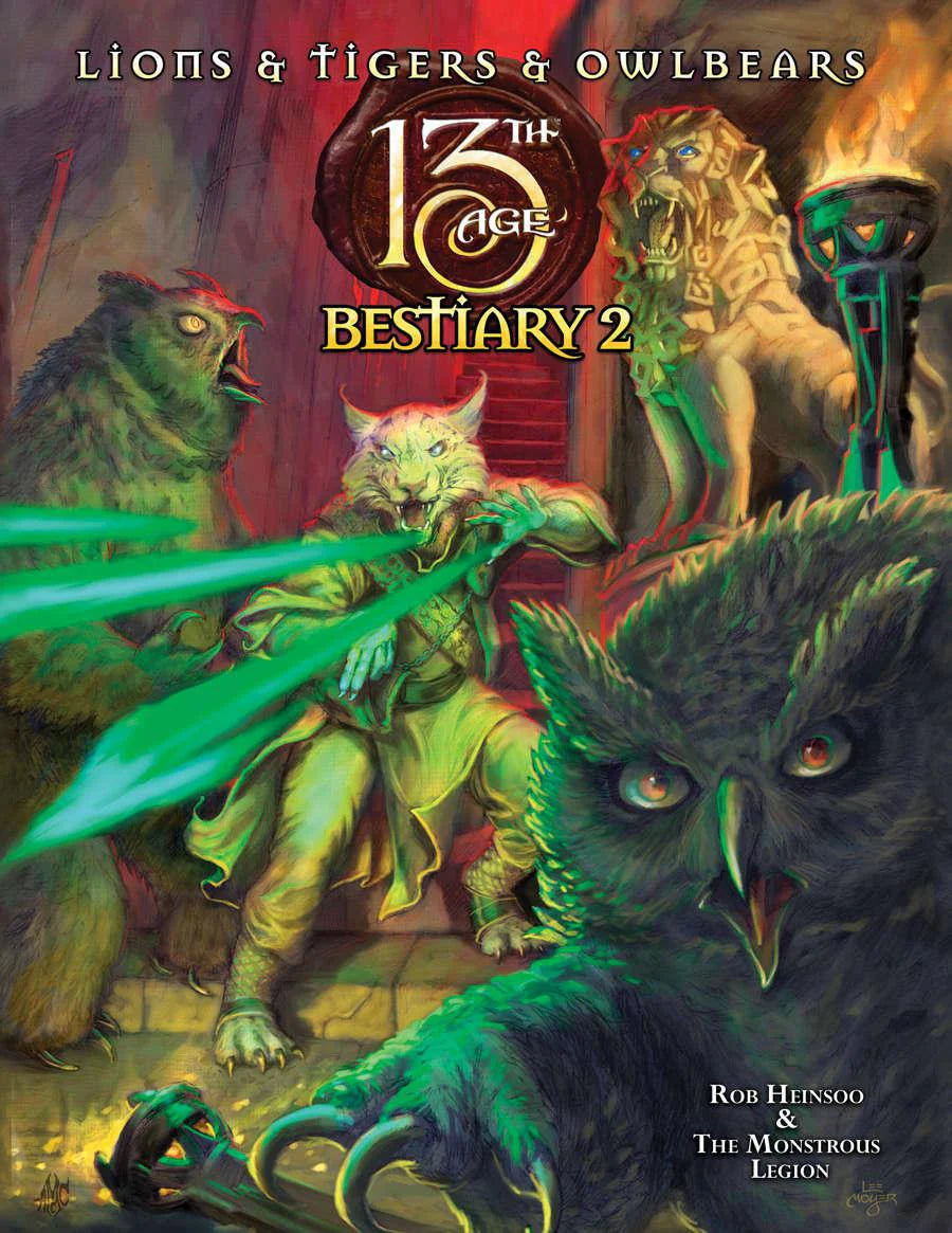13th Age: Lions & Tigers & Owlbears cover featuring a feline warrior fighting owlbears with green swords.
