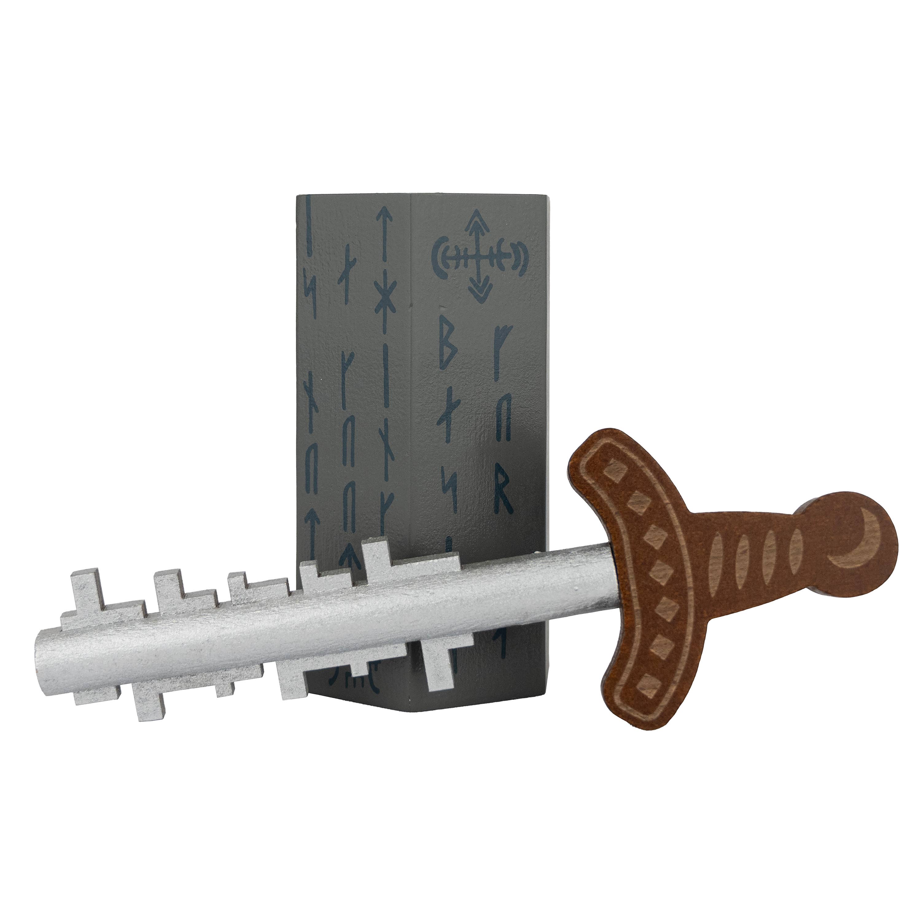 True Genius Sword in the Stone Puzzle, toy sword with brown handle and notched silver blade.