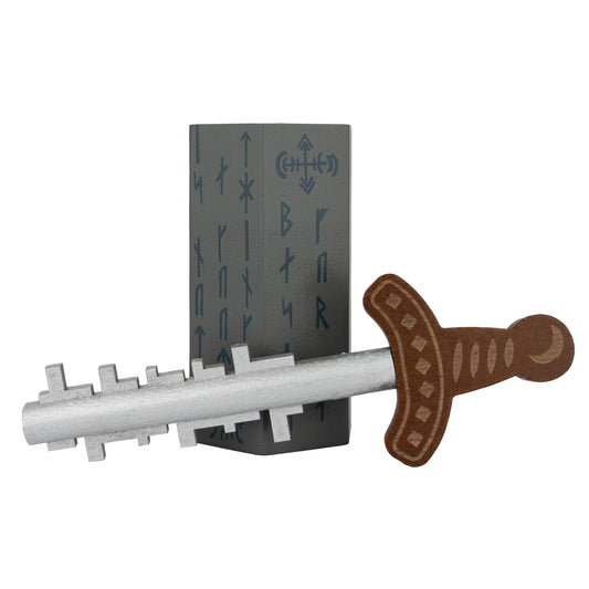 True Genius Sword in the Stone Puzzle, toy sword with brown handle and notched silver blade.