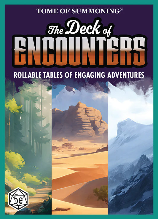 The Deck of Encounters adventure deck book cover with forest, desert, and snowy mountains panels.
