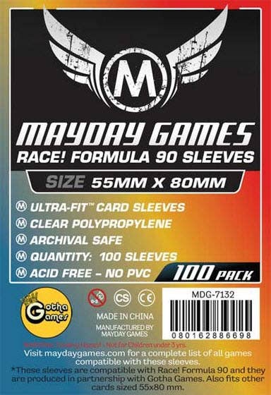 Race Formula 90 Card Sleeves, 55x80mm, pack of 100 with product details visible on packaging.