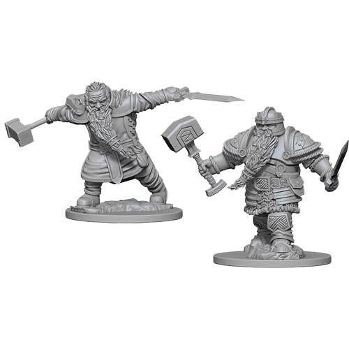 Two pre-primed D&D: NMU Dwarf Male Fighter W1 miniatures holding axes and swords, with armor, long beards, and braided hair.
