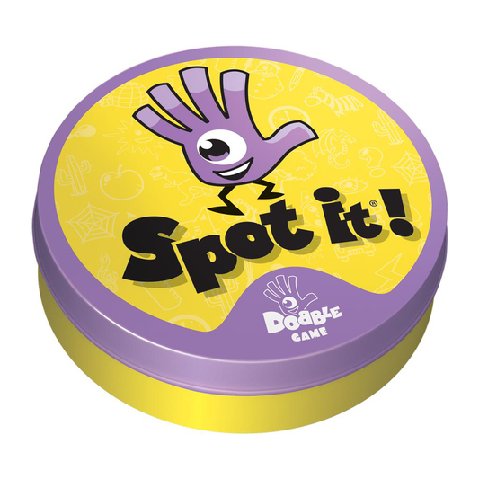 Spot It Classic (Eco) yellow and purple round tin with Dobble logo on the lid.