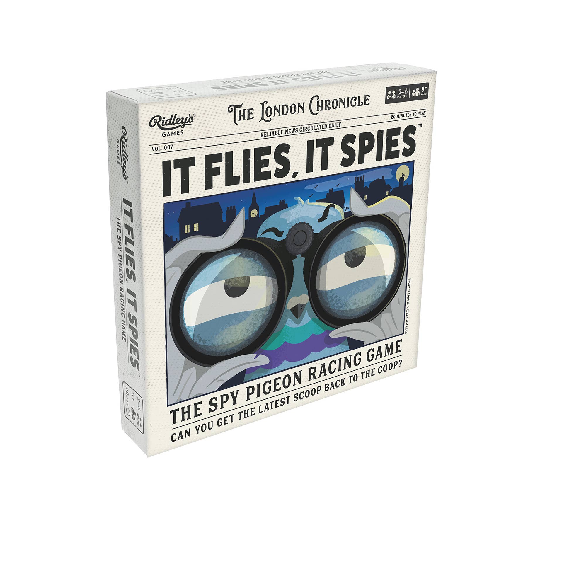 It Flies, It Spies game box by Ridley’s Games, designed to look like a newspaper cover.