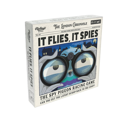 It Flies, It Spies game box by Ridley’s Games, designed to look like a newspaper cover.