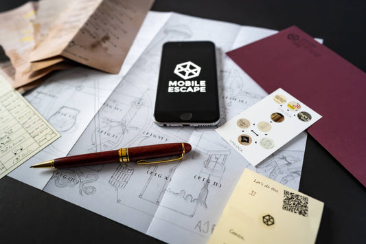 Phone showing Family Secrets Series: Episode 5 - Lost Library, with papers, pen, and cards on a table.