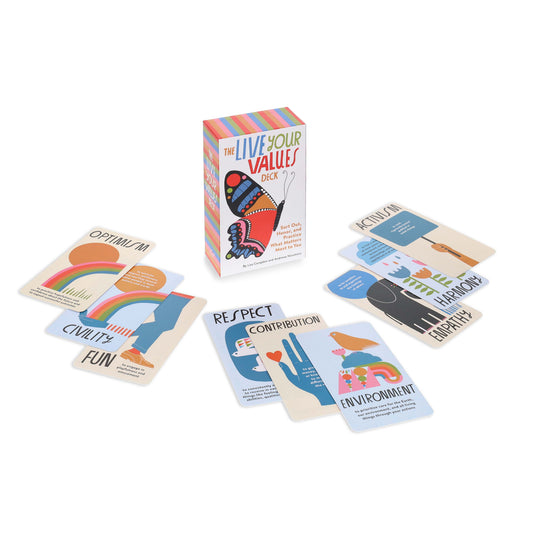 The Live Your Values Deck with illustrated value cards arranged around the box.
