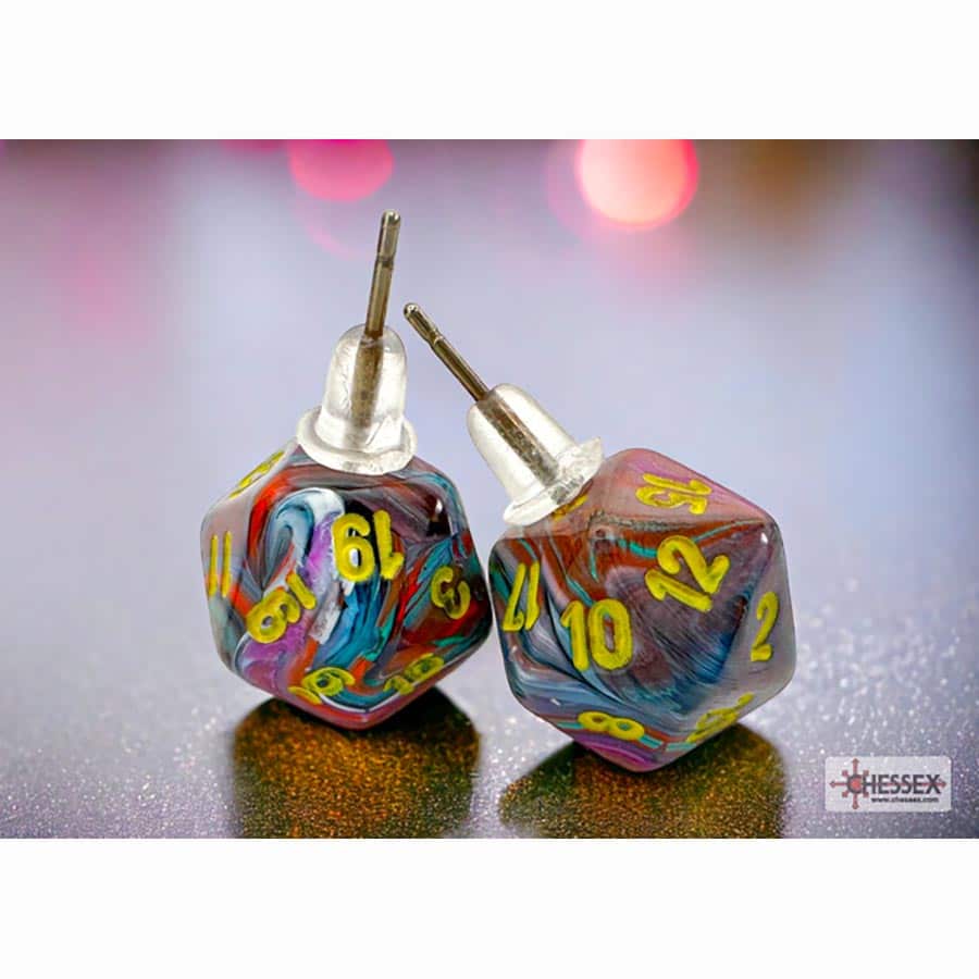 D20 Stud Earrings: Nebula Nocturnal with colorful swirled dice and yellow numbers.