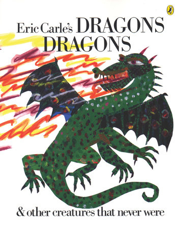 Eric Carles Dragons, Dragons book featuring a green dragon with black wings and red eyes on the cover.