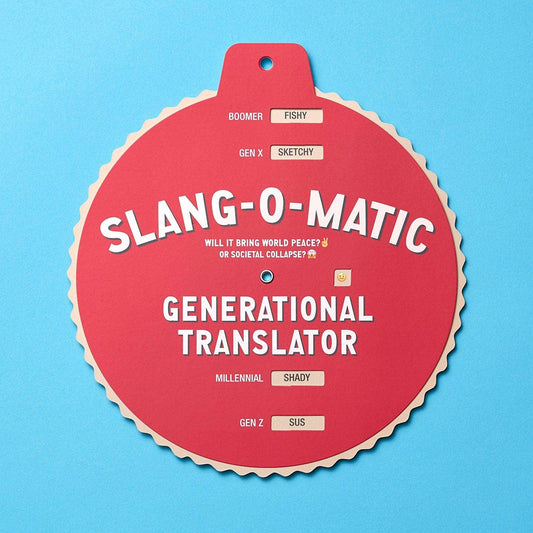 Slang-o-Matic Generational Translator chart in red compares the slang terms fishy, sketchy, shady, and sus.