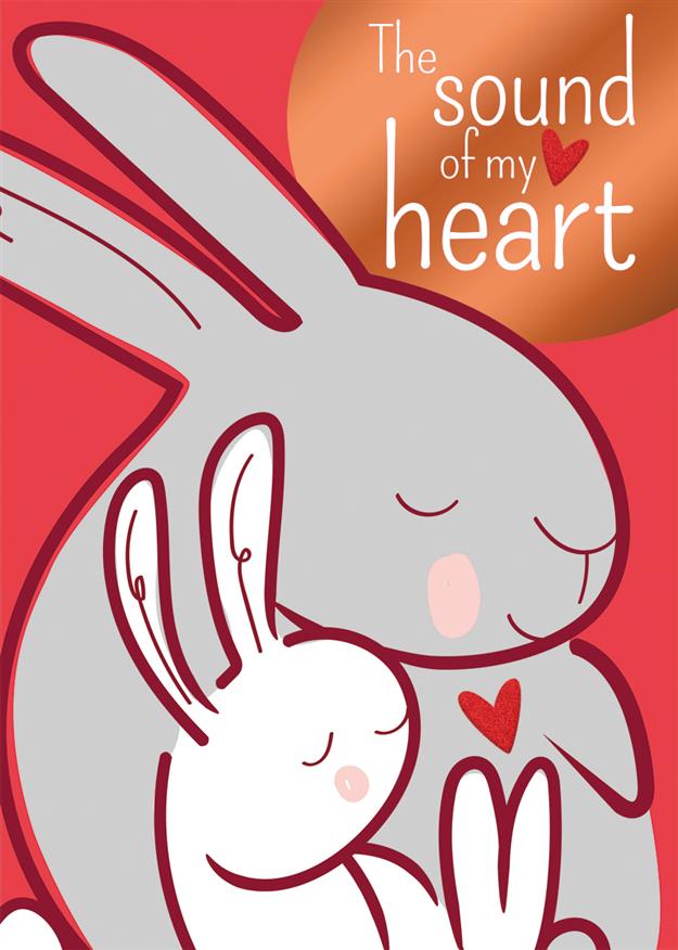 The Sound of My Heart bedtime story book cover with two baby bunnies and a red heart graphic.