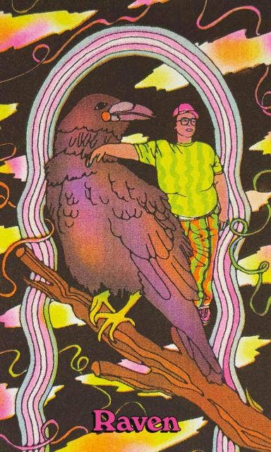 Queer Animal Oracle card featuring a large raven on a branch and a person in bright clothes.
