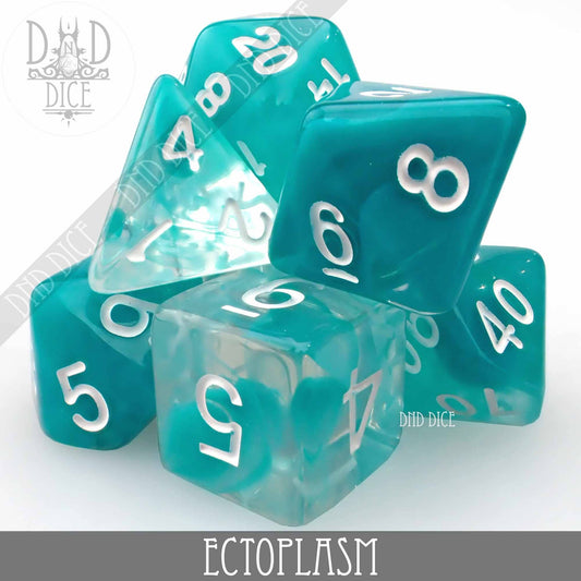 Ectoplasm 7-dice set in teal and clear acrylic with white numbers.